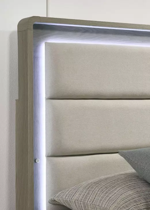 Rainier Gray and White Queen Upholstered Panel Bed with LED