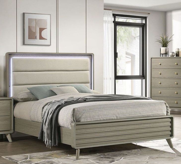 Rainier Gray and White Queen Upholstered Panel Bed with LED