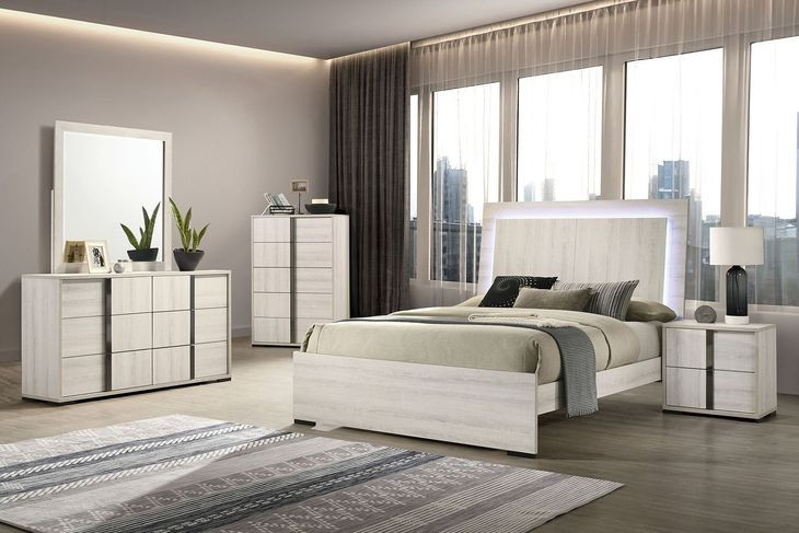 Horten White Wash Panel Bedroom Set with LED Light