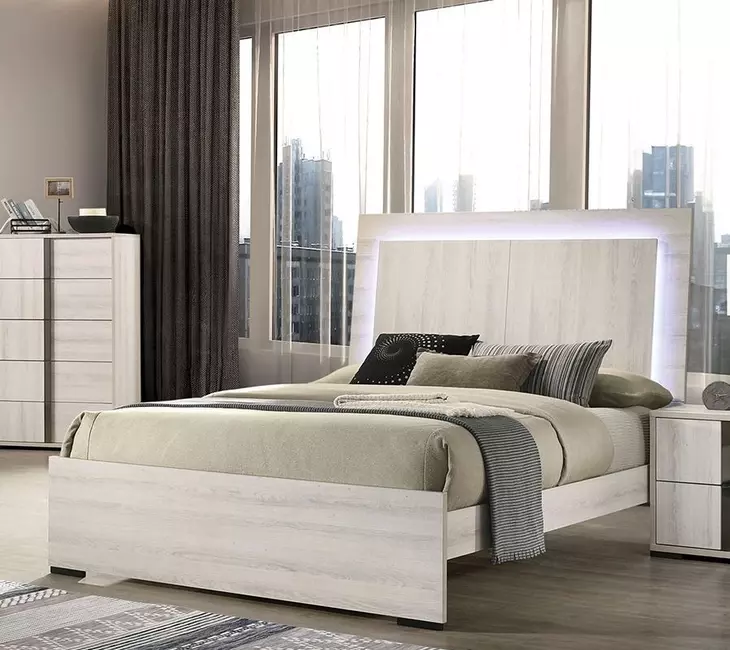Horten White Wash Full Panel Bed with LED Light