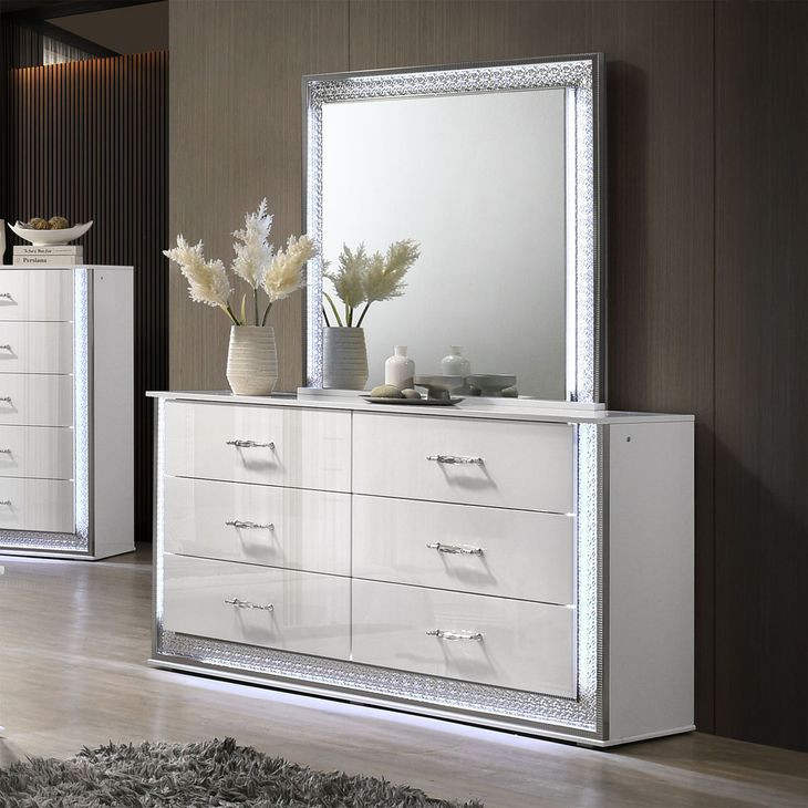 Hazeline White 6 Drawer Dresser with LED