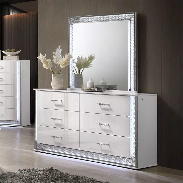 Hazeline White 6 Drawer Dresser with LED