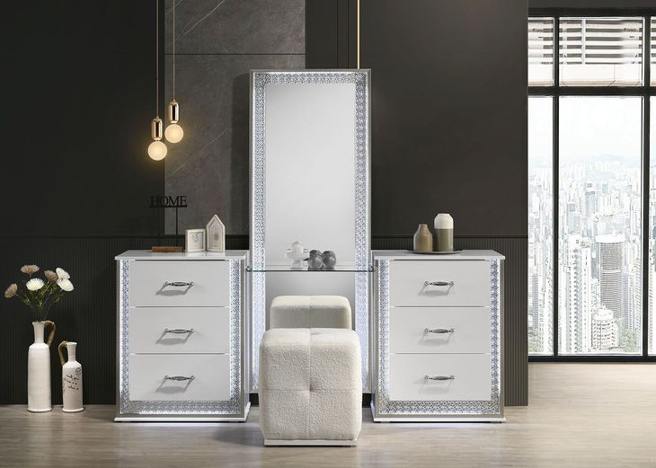 Hazeline White Vanity Set with Stool and LED
