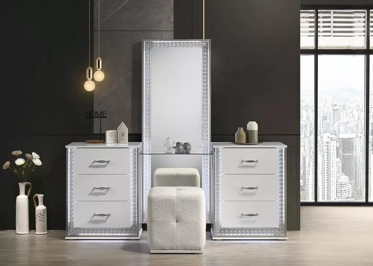Hazeline White Vanity Set with Stool and LED