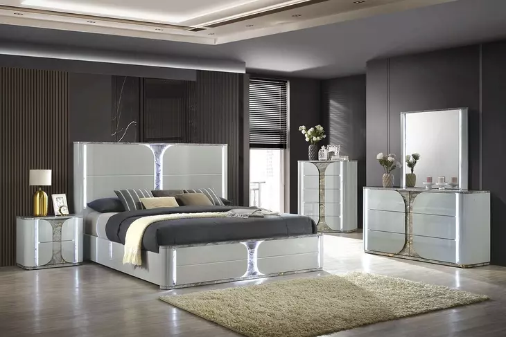 Cleburne Light Gray Panel Bedroom Set with LED