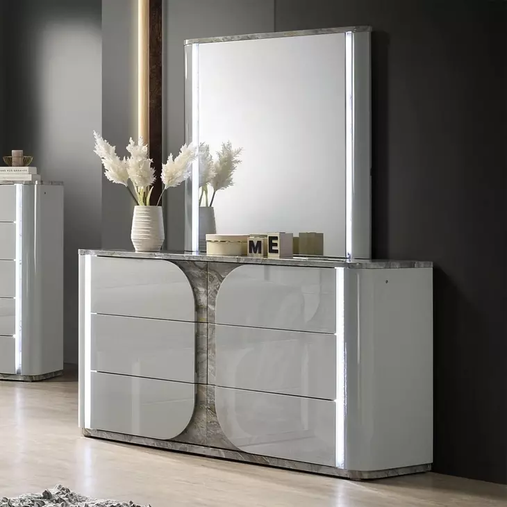 Cleburne Light Gray Rectangular Dresser Mirror with LED