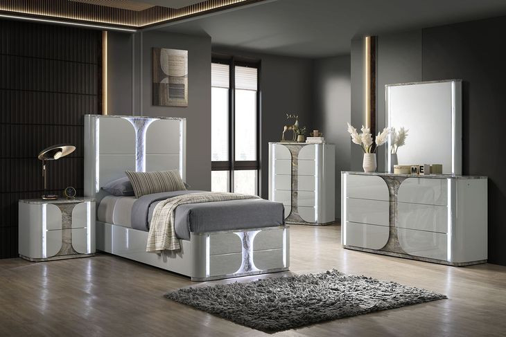 Cleburne Light Gray Panel Bedroom Set with LED