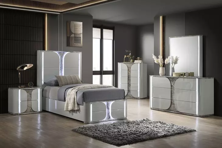 Cleburne Light Gray Youth Panel Bedroom Set with LED
