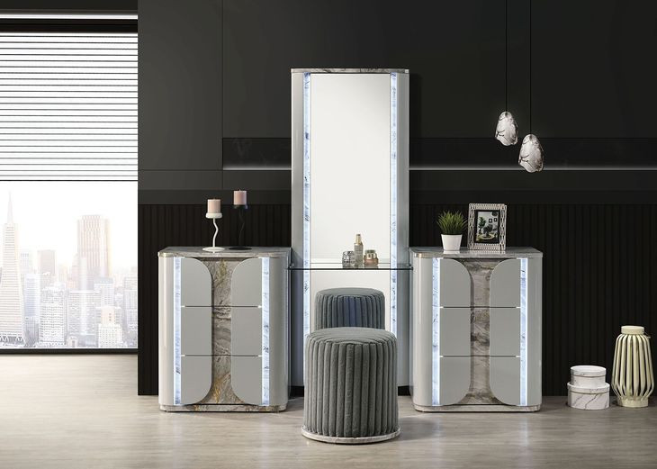 Cleburne Light Gray Vanity Set with Stool and LED