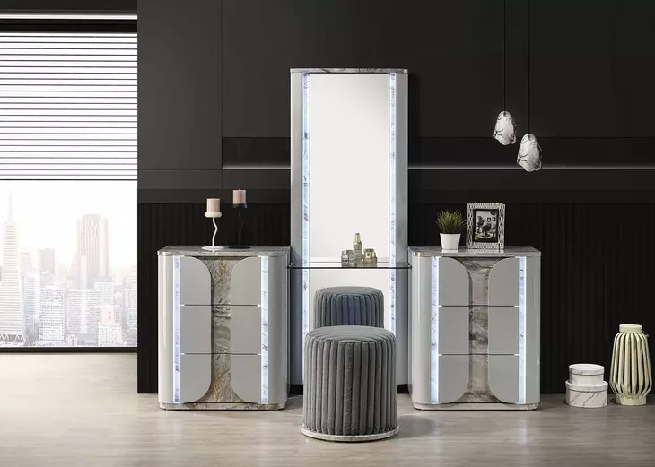 Cleburne Light Gray Vanity Set with Stool and LED