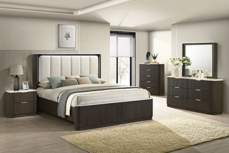 Merthyr Dark Walnut Leather Queen Upholstered Panel Bed with LED
