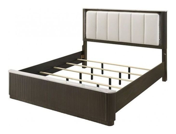 Merthyr Dark Walnut Leather Queen Upholstered Panel Bed with LED