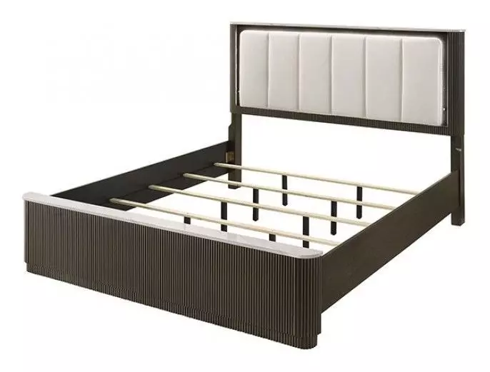Merthyr Dark Walnut Queen Upholstered Panel Bed with LED