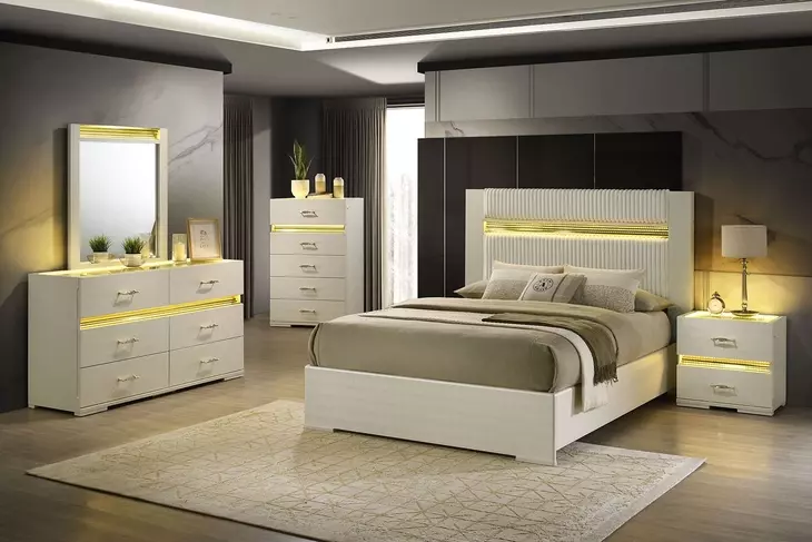 Lucida Beige Upholstered Panel Bedroom Set with LED