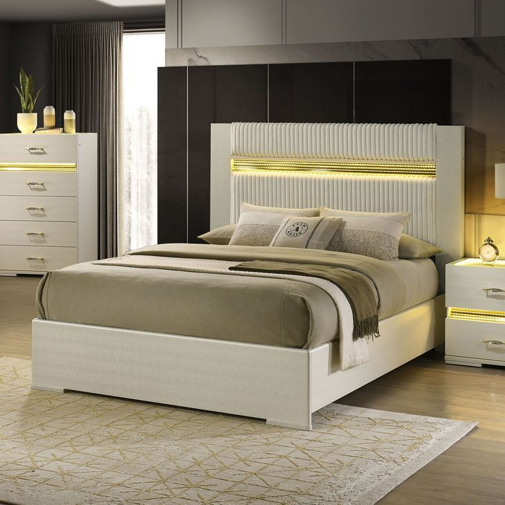 Lucida Beige Upholstered Panel Bedroom Set with LED