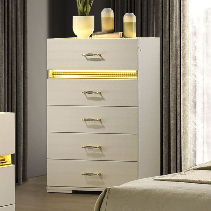 Lucida Beige Upholstered Panel Bedroom Set with LED