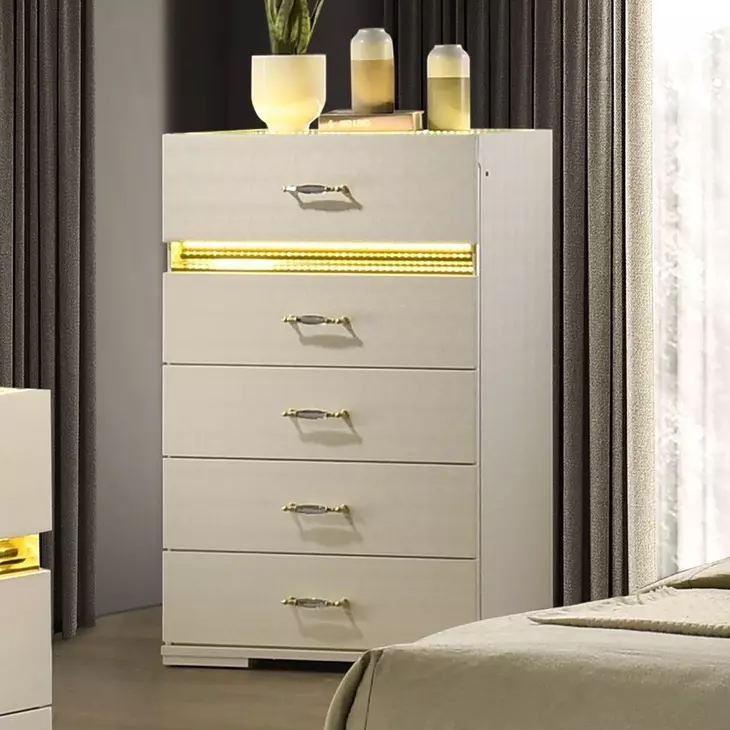 Lucida Beige Upholstered Panel Bedroom Set with LED
