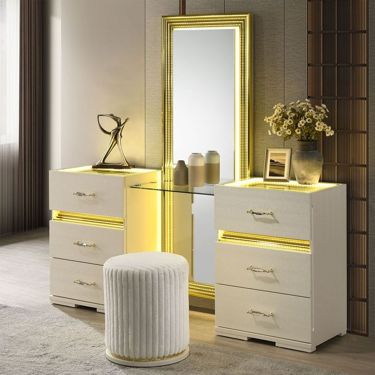 Lucida Beige Vanity Set with Stool and LED
