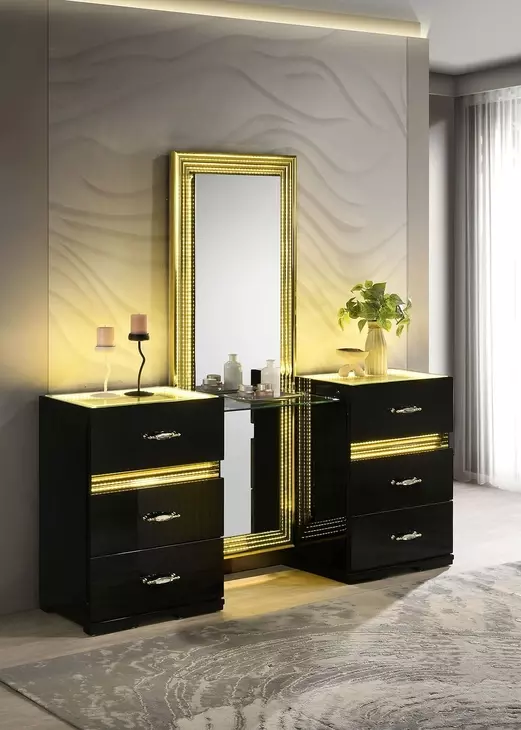 black dresser vanity Furniture of America Saven Modern Solid Wood 6-Drawer Table with LED Light With smooth drawer slides us-0-instock Xpluswear Design Plus Size Size:UK11 / EU45 / US12