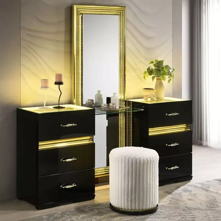 Lucida Beige and Black Vanity Stool