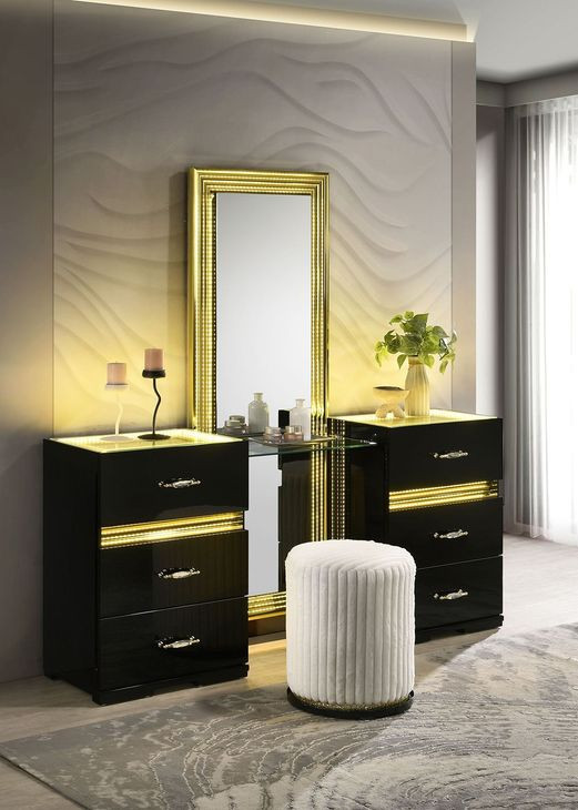 Lucida Black Vanity Set with Stool and LED