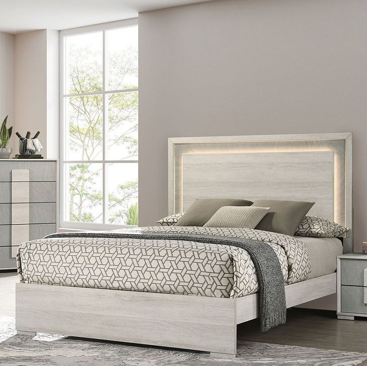 Lincolt White Wash and Stone Gray Queen Panel Bed with LED Light