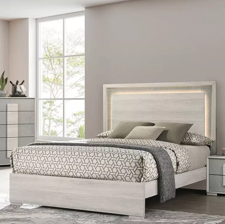 Lincolt White Wash and Stone Gray Panel Bedroom Set with LED Light
