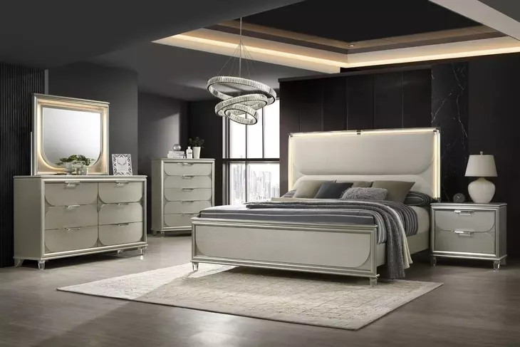 Sheridan Dark Walnut and White Queen Panel Bed with LED Light