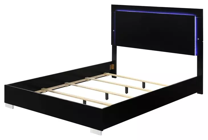 Sinistra Piano Black Queen Panel Bed with LED Light