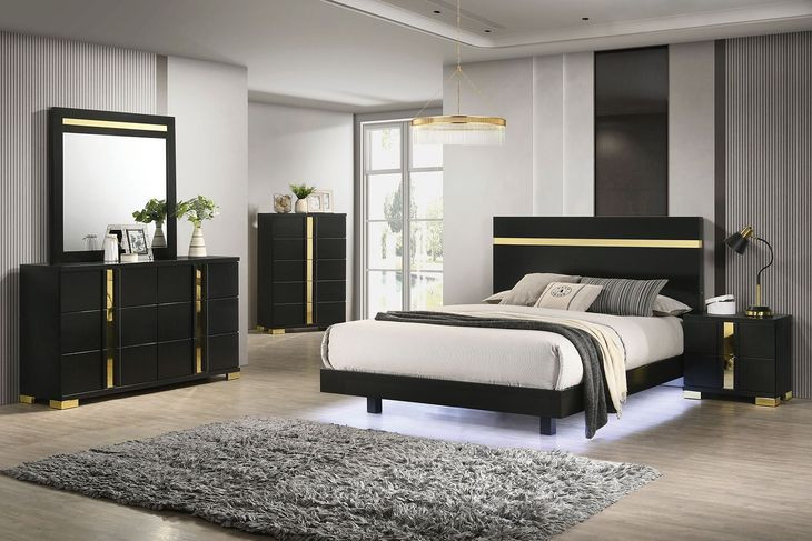 Lillestrom Black and Gold King Platform Bed with Underbed LED Light