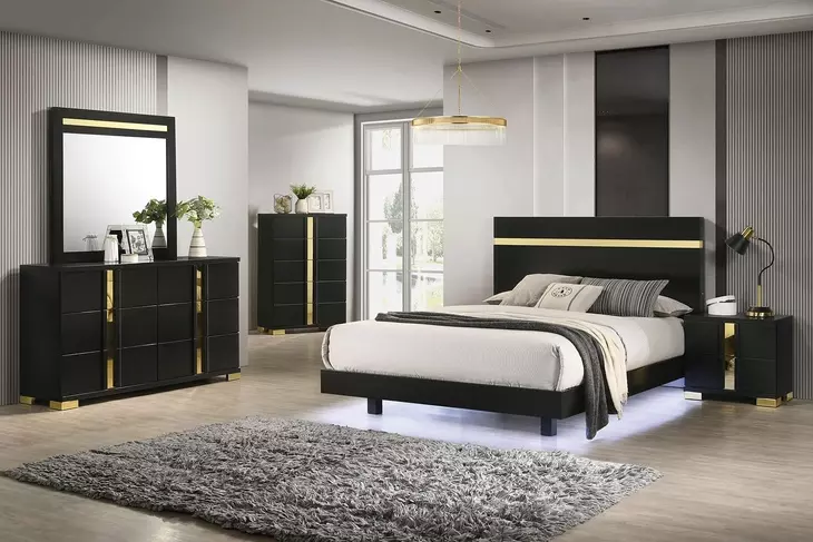 Lillestrom Black and Gold Full Platform Bed with Underbed LED Light