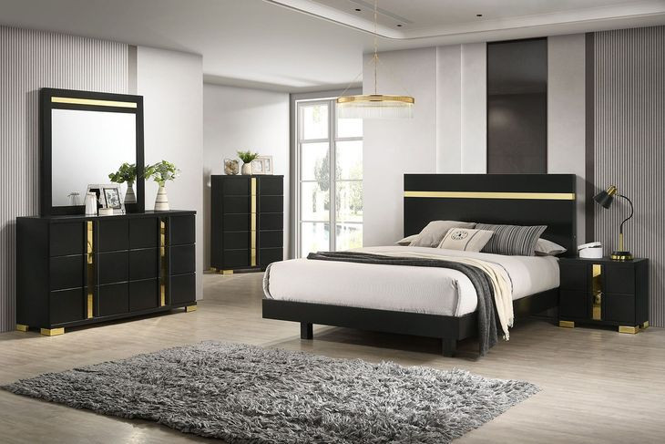 Lillestrom Black and Gold King Platform Bed with Underbed LED Light