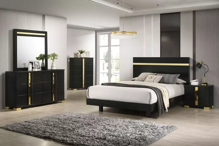 Lillestrom Black and Gold Full Platform Bed with Underbed LED Light