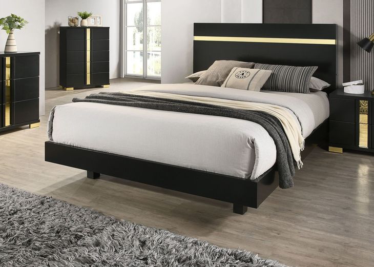 Lillestrom Black and Gold King Platform Bed with Underbed LED Light