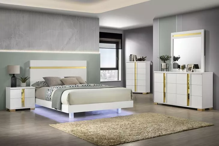 Lillestrom White and Gold Queen Platform Bed with Underbed LED Light