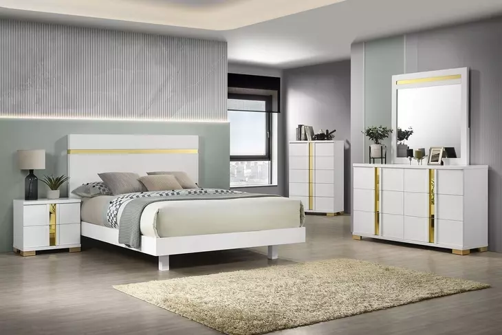 Lillestrom White and Gold Queen Platform Bed with Underbed LED Light
