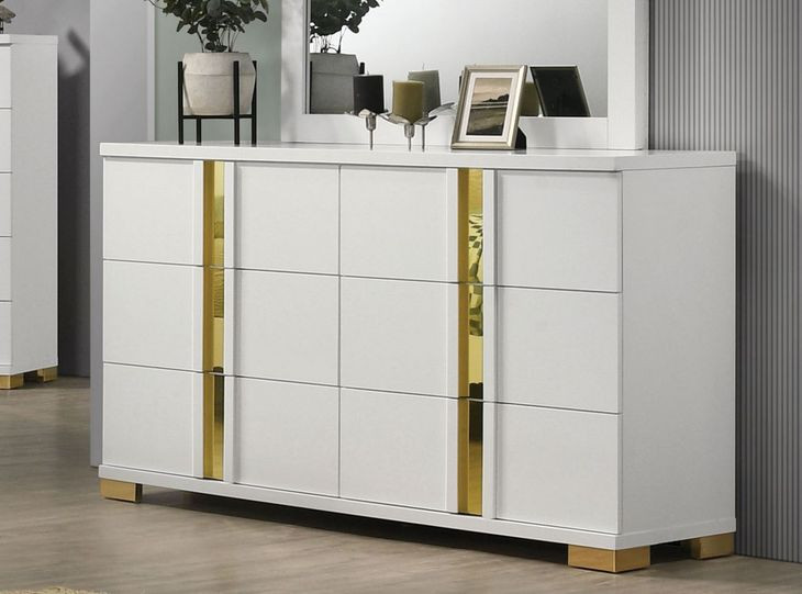 Lillestrom White and Gold 6 Drawer Dresser
