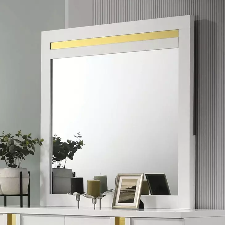 Lillestrom White and Gold Panel Bedroom Set with Underbed LED Light