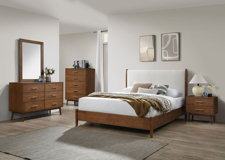 Thusis Walnut and Beige Queen Upholstered Platform Bed