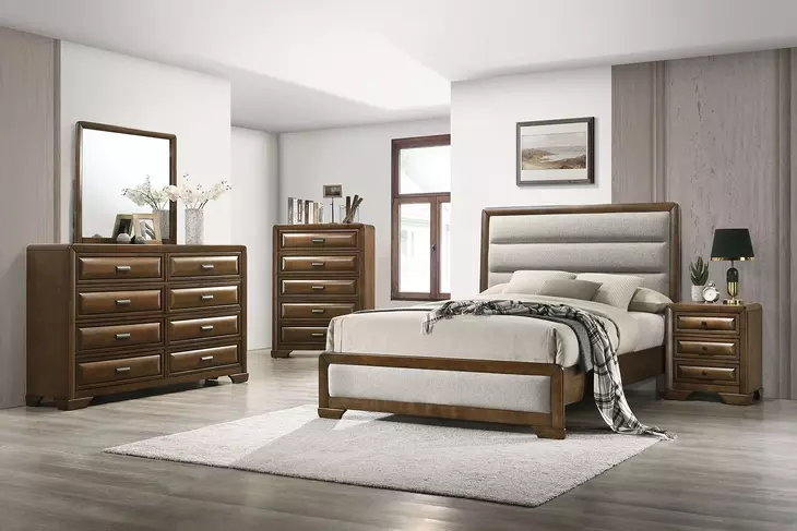 Caerwys Brown and Light Gray Upholstered Panel Bedroom Set