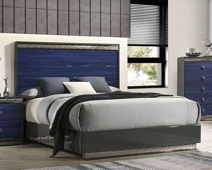 Hartlepool Ash Gray and Indigo Blue Queen Low Profile Bed
