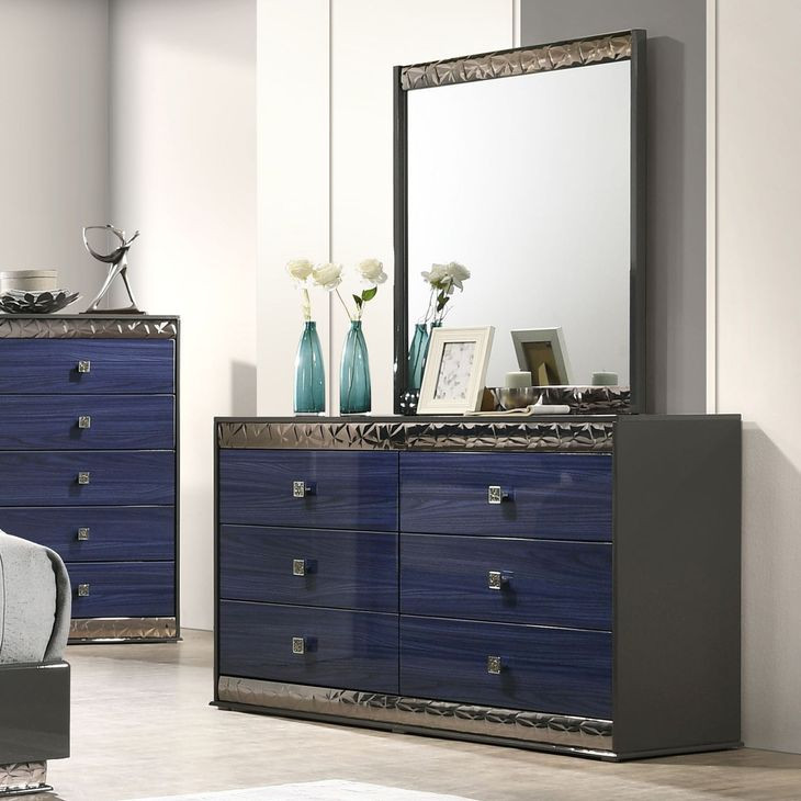 Morcote Ash Gray and Indigo Blue 6 Drawer Dresser