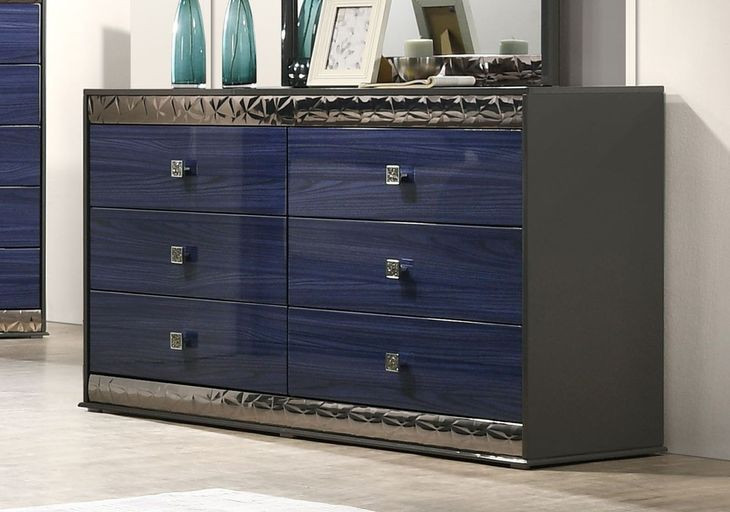 Morcote Ash Gray and Indigo Blue 6 Drawer Dresser