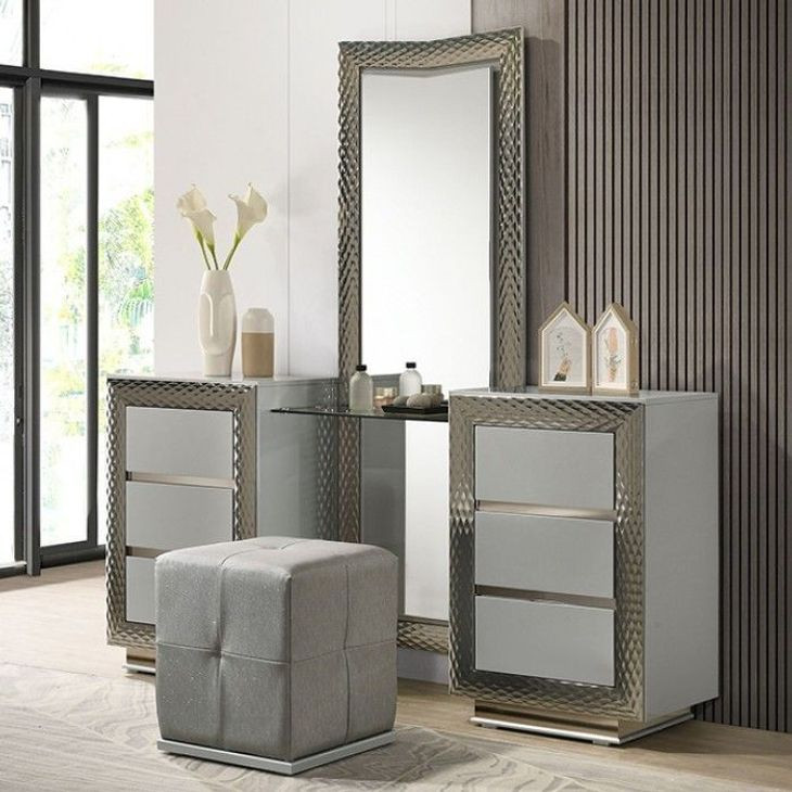 Ventnor Gray 6 Drawer Glass Top Vanity with LED and Mirror