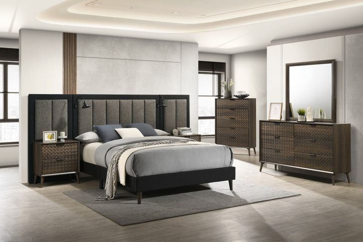 Chalfont Dark Brown Upholstered Panel Bedroom Set with Wall Panel
