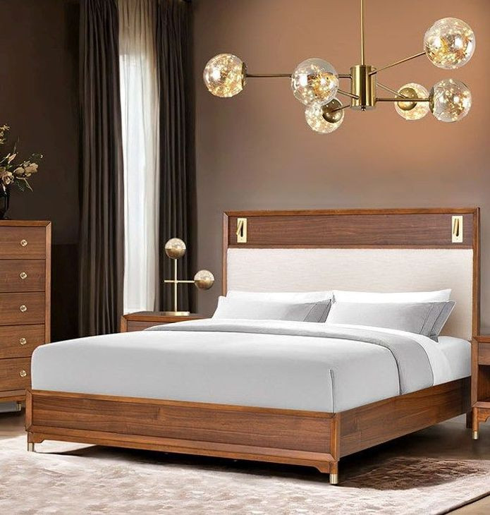 Hepburne Walnut and White Queen Upholstered Panel Bed with LED