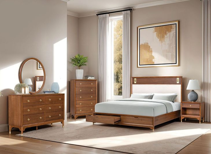 Hepburne Walnut and White Upholstered Storage Panel Bedroom Set with LED