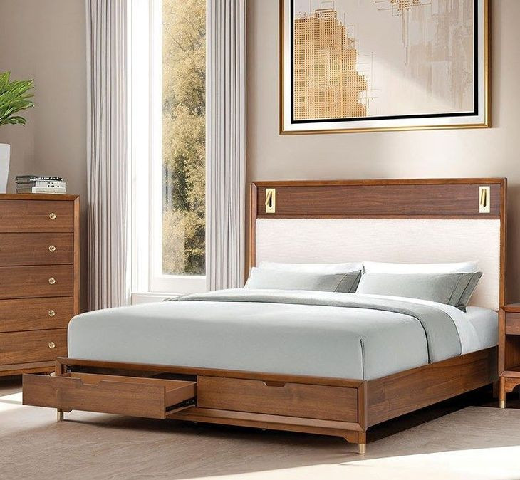 Hepburne Walnut and White Upholstered Storage Panel Bedroom Set with LED