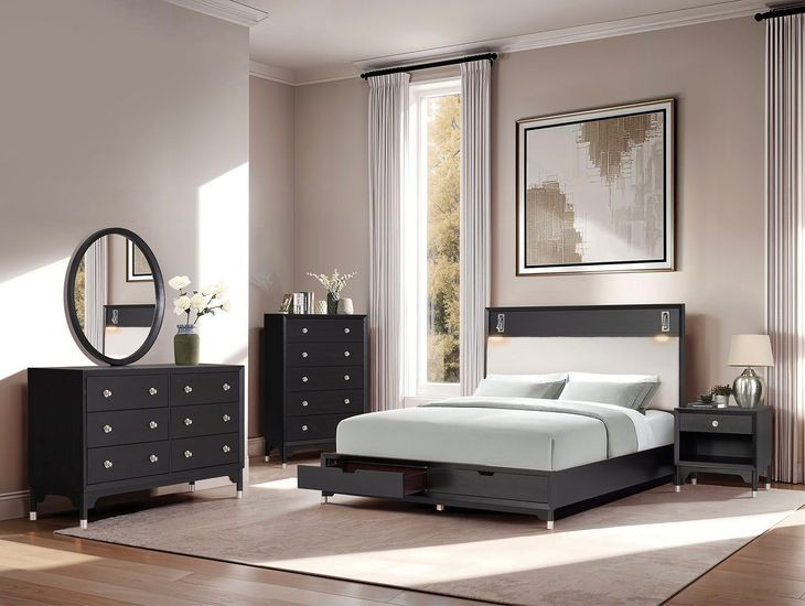 Torrance Black and White Upholstered Storage Panel Bedroom Set with LED