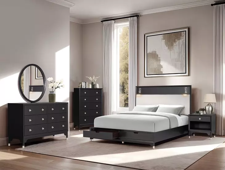 Torrance Black and White Upholstered Storage Panel Bedroom Set with LED